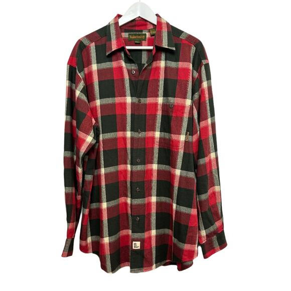 Timberland Flannel Shirt Button Down Plaid Checkered Red Green Cotton Large - Picture 1 of 5